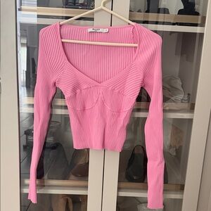 NA-KD Pink Ribbed Long-Sleeve Bustier Top